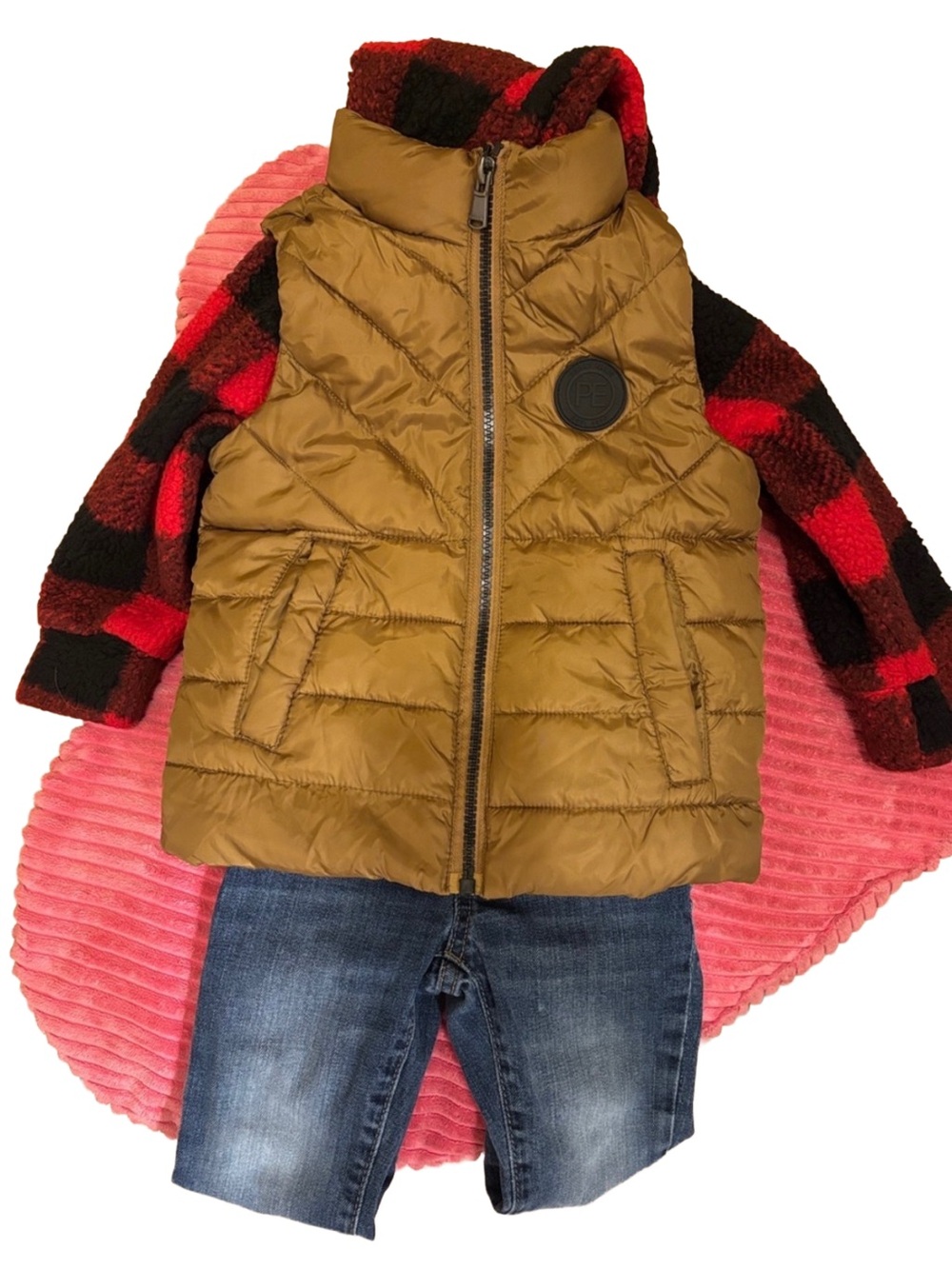 Perry Ellis 2T Olive Puffer Jacket-Red & Black Buffalo Plaid Hoodie